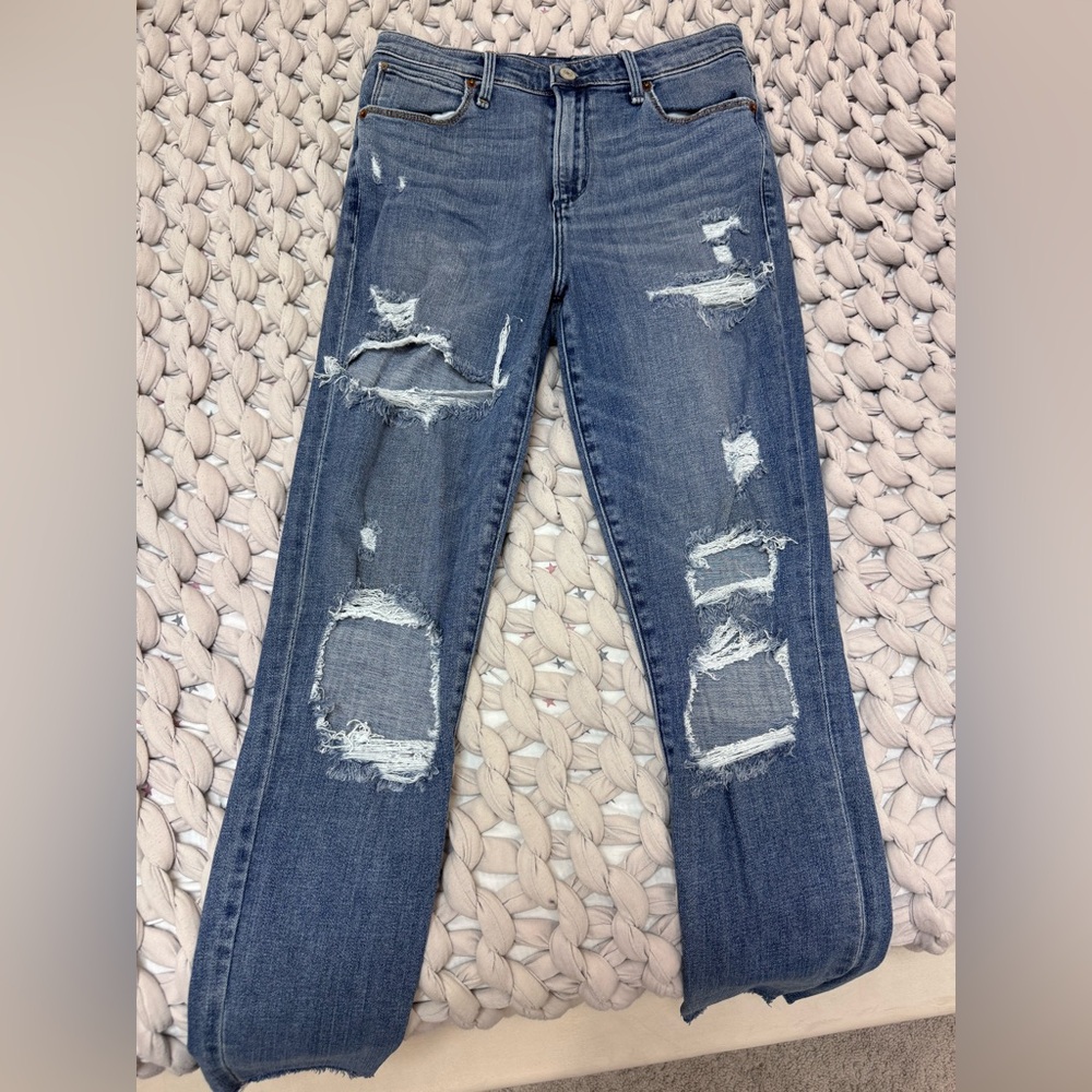 Abercrombie & Fitch Distressed Straight Leg Jeans - Dark Blue
